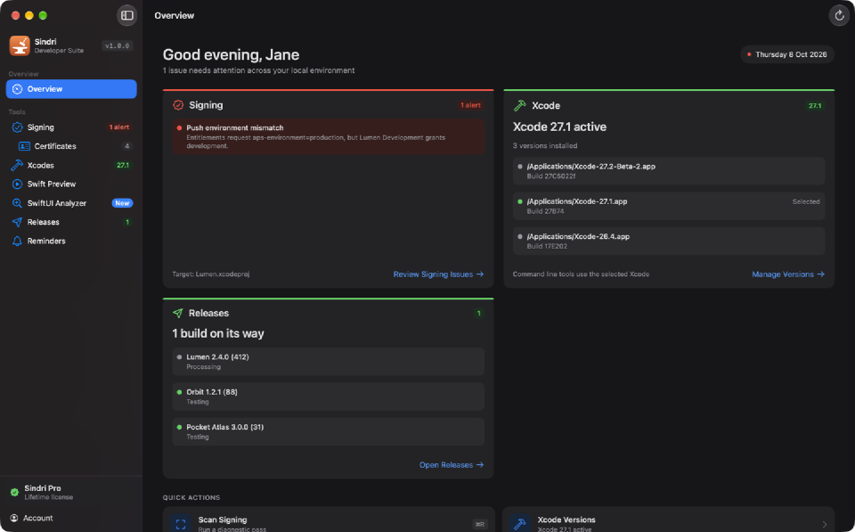 Sindri's Overview window on macOS, showing a signing alert, the active Xcode version and builds in the release pipeline